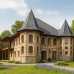 Проект дома «С-335» из СИП-панелей, 335 м² — двухэтажный дом с каменным фасадом, серой крышей и балконом | HotWell.KZ