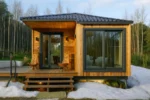 Проект дома «С-40» из СИП-панелей, 40 м² — одноэтажный дом с деревянным фасадом, черной крышей и террасой | HotWell.KZ