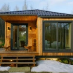 Проект дома «С-40» из СИП-панелей, 40 м² — одноэтажный дом с деревянным фасадом, черной крышей и террасой | HotWell.KZ