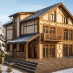 Проект дома «С-405» из СИП-панелей, 405 м² — двухэтажный дом с бежевым фасадом, серой крышей и балконом | HotWell.KZ