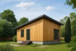Проект дома «С-42» из СИП-панелей, 42 м² — одноэтажный дом с деревянным фасадом, серой крышей и ступенями | HotWell.KZ