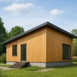 Проект дома «С-42» из СИП-панелей, 42 м² — одноэтажный дом с деревянным фасадом, серой крышей и ступенями | HotWell.KZ