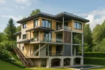 Проект дома «С-435Б» из СИП-панелей, 435 м² — трехэтажный дом с бежевым фасадом, серой крышей и балконами | HotWell.KZ