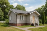 Проект дома «С-49» из СИП-панелей, 49 м² — одноэтажный дом с серым фасадом, серой крышей и крыльцом | HotWell.KZ