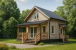 Проект дома «С-60Б» из СИП-панелей, 60 м² — двухэтажный дом с бежевым фасадом, черной крышей и крытой террасой | HotWell.KZ