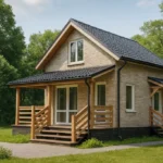 Проект дома «С-60Б» из СИП-панелей, 60 м² — двухэтажный дом с бежевым фасадом, черной крышей и крытой террасой | HotWell.KZ
