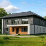 Проект дома «С-636» из СИП-панелей, 636 м² — двухэтажный дом с серым фасадом, черной крышей и балконом | HotWell.KZ