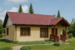 Проект дома «С-66» из СИП-панелей, 66 м² — одноэтажный дом с бежевым фасадом, красной крышей и крытым крыльцом | HotWell.KZ