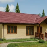Проект дома «С-66» из СИП-панелей, 66 м² — одноэтажный дом с бежевым фасадом, красной крышей и крытым крыльцом | HotWell.KZ