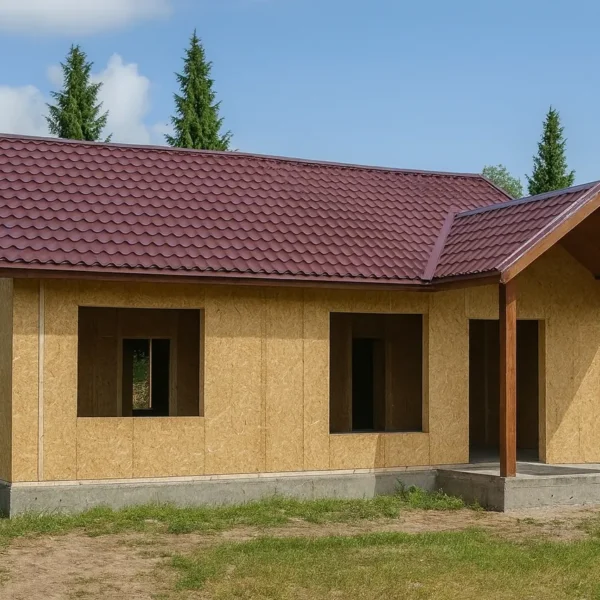 Дом «С-66», 66 м², в черновой отделке: коробка из СИП-панелей OSB-3, кровля из металлочерепицы, проёмы без окон и дверей