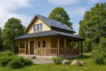 Проект дома «С-67» из СИП-панелей, 67 м² — двухэтажный дом с бежевым фасадом, серой крышей и террасой | HotWell.KZ
