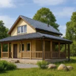 Проект дома «С-67» из СИП-панелей, 67 м² — двухэтажный дом с бежевым фасадом, серой крышей и террасой | HotWell.KZ