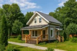 Проект дома «С-72» из СИП-панелей, 72 м² — двухэтажный дом с серым фасадом, темной крышей и крытым крыльцом | HotWell.KZ
