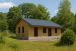 Дом «С-74», 74 м², 1 этаж, в черновой отделке: коробка из СИП-панелей OSB-3, двускатная кровля из металлочерепицы, проёмы без окон и дверей