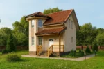Проект дома «С-76» из СИП-панелей, 76 м² — двухэтажный дом с бежевым фасадом, коричневой крышей и крыльцом | HotWell.KZ