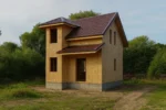 Дом «С-76», 76 м², 1.5 этажа, в черновой отделке: коробка из СИП-панелей OSB-3, двускатная кровля из металлочерепицы, проёмы без окон и дверей, в проёмах видны сосновые балки перекрытия