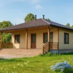Проект дома «С-81Б» из СИП-панелей, 81 м² — одноэтажный дом с бежевым фасадом, коричневой крышей и террасой | HotWell.KZ