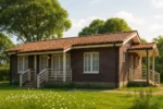 Проект дома «С-85» из СИП-панелей, 85 м² — одноэтажный дом с коричневым фасадом, красной крышей и крыльцом | HotWell.KZ