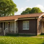 Проект дома «С-85» из СИП-панелей, 85 м² — одноэтажный дом с коричневым фасадом, красной крышей и крыльцом | HotWell.KZ