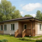 Проект дома «С-90» из СИП-панелей, 90 м² — одноэтажный дом с бежевым фасадом, коричневой крышей и крыльцом | HotWell.KZ