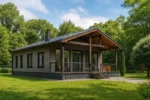 Проект дома «С-92» из СИП-панелей, 92 м² — одноэтажный дом с серым фасадом, черной крышей и террасой | HotWell.KZ