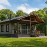 Проект дома «С-92» из СИП-панелей, 92 м² — одноэтажный дом с серым фасадом, черной крышей и террасой | HotWell.KZ