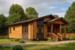 Проект дома «С-94» из СИП-панелей, 94 м² — одноэтажный дом с деревянным фасадом, коричневой крышей и крытым крыльцом | HotWell.KZ