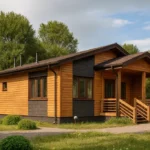Проект дома «С-94» из СИП-панелей, 94 м² — одноэтажный дом с деревянным фасадом, коричневой крышей и крытым крыльцом | HotWell.KZ