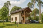 Проект дома «С-96» из СИП-панелей, 96 м² — двухэтажный дом с бежевым фасадом, коричневой крышей и балконом | HotWell.KZ