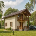 Проект дома «С-96» из СИП-панелей, 96 м² — двухэтажный дом с бежевым фасадом, коричневой крышей и балконом | HotWell.KZ