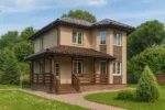 Проект дома «С-96Б» из СИП-панелей, 96 м² — двухэтажный дом с бежевым фасадом, коричневой крышей и крытым крыльцом | HotWell.KZ