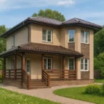 Проект дома «С-96Б» из СИП-панелей, 96 м² — двухэтажный дом с бежевым фасадом, коричневой крышей и крытым крыльцом | HotWell.KZ