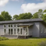 Проект дома «С-96В» из СИП-панелей, 96 м² — одноэтажный дом с серым фасадом, темной крышей и террасой | HotWell.KZ