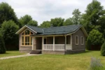 Проект дома «С-97» из СИП-панелей, 97 м² — одноэтажный дом с серым фасадом, зелёной крышей и крытым крыльцом | HotWell.KZ