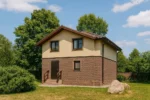 Проект дома «С-98» из СИП-панелей, 98 м² — двухэтажный дом с коричневым фасадом, бежевыми стенами и двускатной крышей | HotWell.KZ