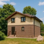 Проект дома «С-98» из СИП-панелей, 98 м² — двухэтажный дом с коричневым фасадом, бежевыми стенами и двускатной крышей | HotWell.KZ