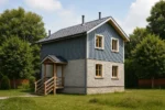 Проект дома «С-98Б» из СИП-панелей, 98 м² — двухэтажный дом с серым фасадом, синей облицовкой и крытым крыльцом | HotWell.KZ