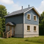 Проект дома «С-98Б» из СИП-панелей, 98 м² — двухэтажный дом с серым фасадом, синей облицовкой и крытым крыльцом | HotWell.KZ