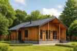 Проект дома «С-98Г» из СИП-панелей, 98 м² — одноэтажный дом с деревянным фасадом, черной крышей и террасой | HotWell.KZ