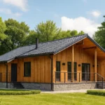 Проект дома «С-98Г» из СИП-панелей, 98 м² — одноэтажный дом с деревянным фасадом, черной крышей и террасой | HotWell.KZ
