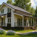 Проект дома «С-98В» из СИП-панелей, 98 м² — двухэтажный дом с белым фасадом, коричневой крышей и террасой | HotWell.KZ