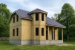 Дом «Щ-125», 125 м², 1.5 этажа, в черновой отделке: коробка из СИП-панелей OSB-3, двускатная кровля из металлочерепицы, проёмы без окон и дверей, в проёмах видны сосновые балки перекрытия