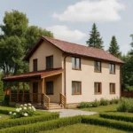 Проект дома «Щ-140» из СИП-панелей, 140 м² — двухэтажный дом с бежевым фасадом, коричневой крышей и крытой террасой | HotWell.KZ