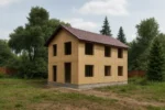 Дом «Щ-140», 140 м², 2 этажа, в черновой отделке: коробка из СИП-панелей OSB-3, двускатная кровля из металлочерепицы, проёмы без окон и дверей, в проёмах видны сосновые балки перекрытия