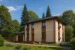 Проект дома «Щ-170» из СИП-панелей, 170 м² — двухэтажный дом с бежевым фасадом, черной крышей и гаражом | HotWell.KZ