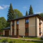 Проект дома «Щ-170» из СИП-панелей, 170 м² — двухэтажный дом с бежевым фасадом, черной крышей и гаражом | HotWell.KZ