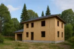 Дом «Щ-170», 170 м², 2 этажа, в черновой отделке: коробка из СИП-панелей OSB-3, вальмовая кровля из металлочерепицы, проёмы без окон и дверей, в проёмах видны сосновые балки перекрытия