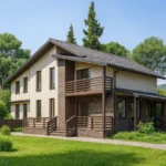 Проект дома «Щ-302» из СИП-панелей, 302 м² — двухэтажный дом с бежевым фасадом, серой крышей и балконом | HotWell.KZ
