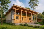 Проект дома «Щ-78» из СИП-панелей, 78 м² — одноэтажный дом с каменным фасадом, деревянной террасой и плоской крышей | HotWell.KZ