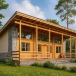 Проект дома «Щ-78» из СИП-панелей, 78 м² — одноэтажный дом с каменным фасадом, деревянной террасой и плоской крышей | HotWell.KZ
